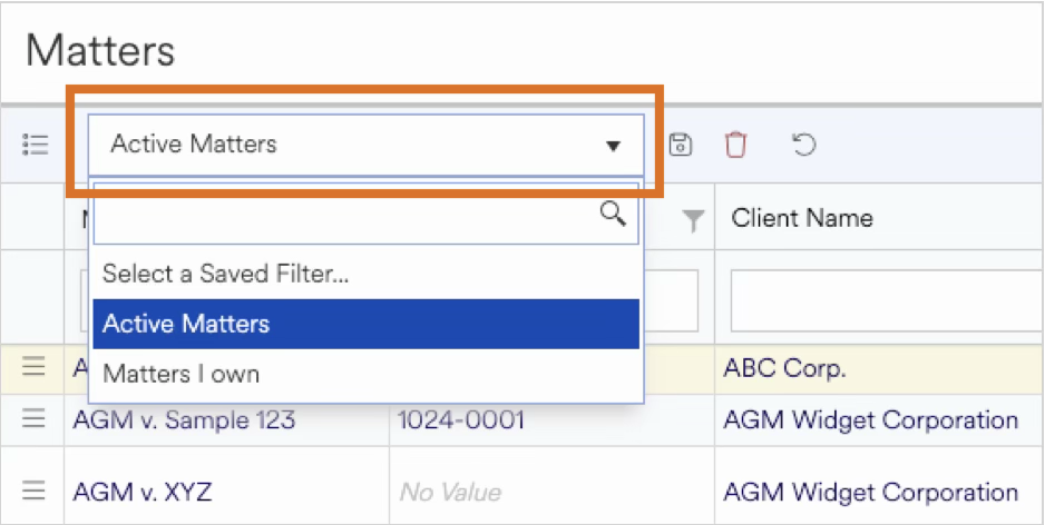 Dropdown menu showing options for filtering active matters in a client management system.